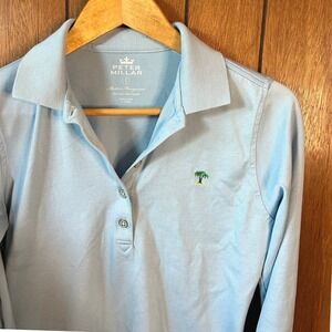 Peter Millar Women's Polo Shirt Long Sleeve Blue Palm Tree Golf Athletic‎